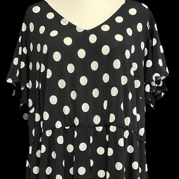 Black/White Polka Dot Dress w/ Flutter Sleeves - Picture 2 of 2